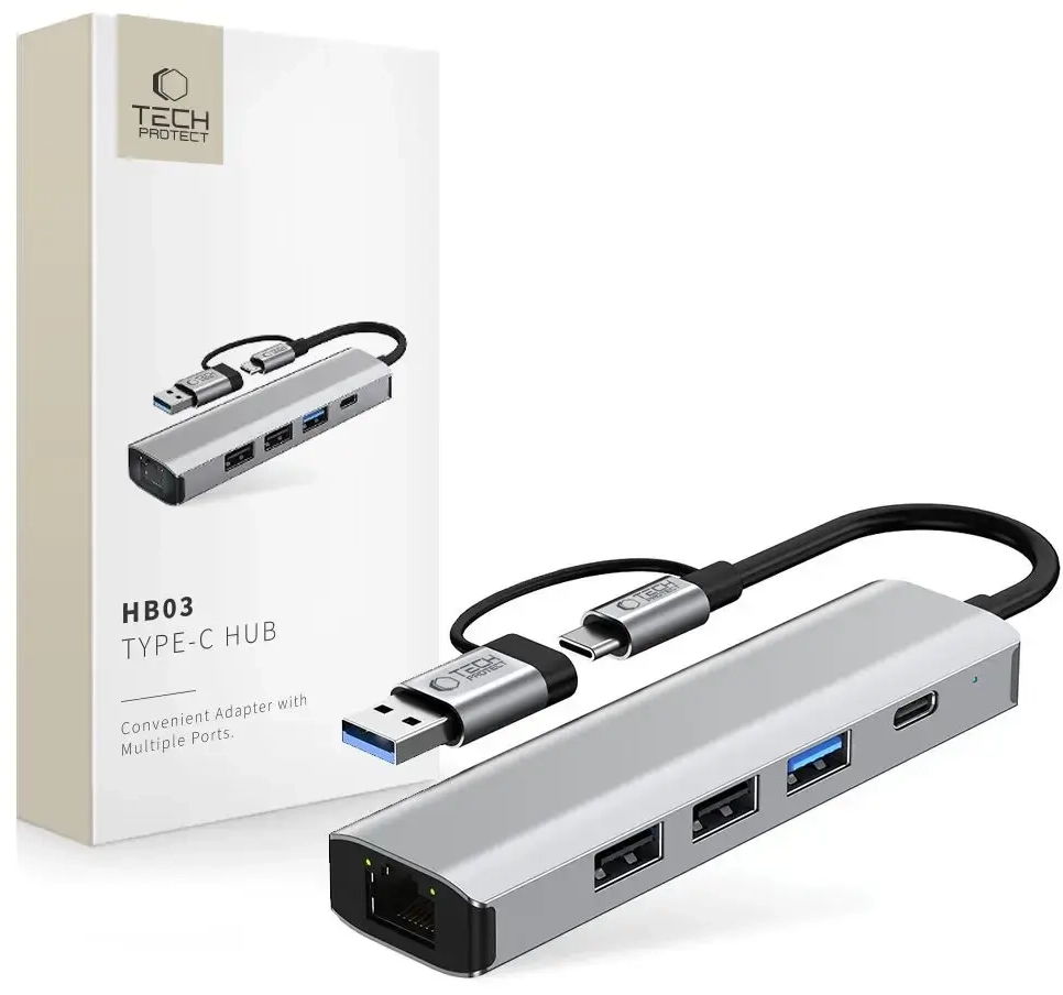 Tech-Protect HB03 HUB Adapter 5in1 USB-C + USB2.0 + USB3.0 + RJ45 - gray