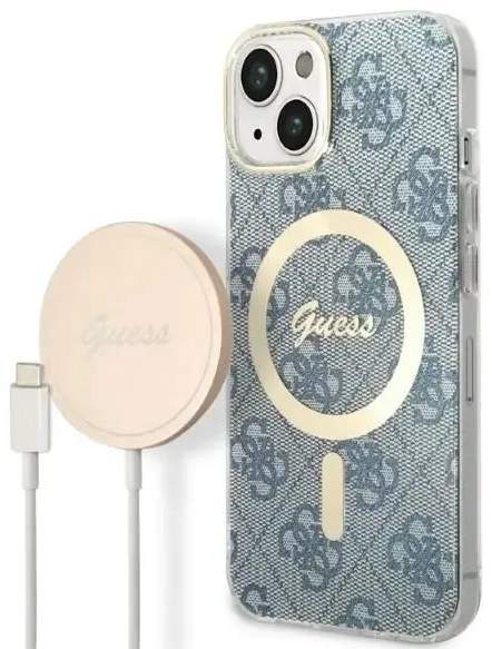 Zestaw Guess GUBPP14SH4EACSB Case+ Charger iPhone 14 | 15 | 13 6,1" niebieski|blue hard case 4G Print MagSafe