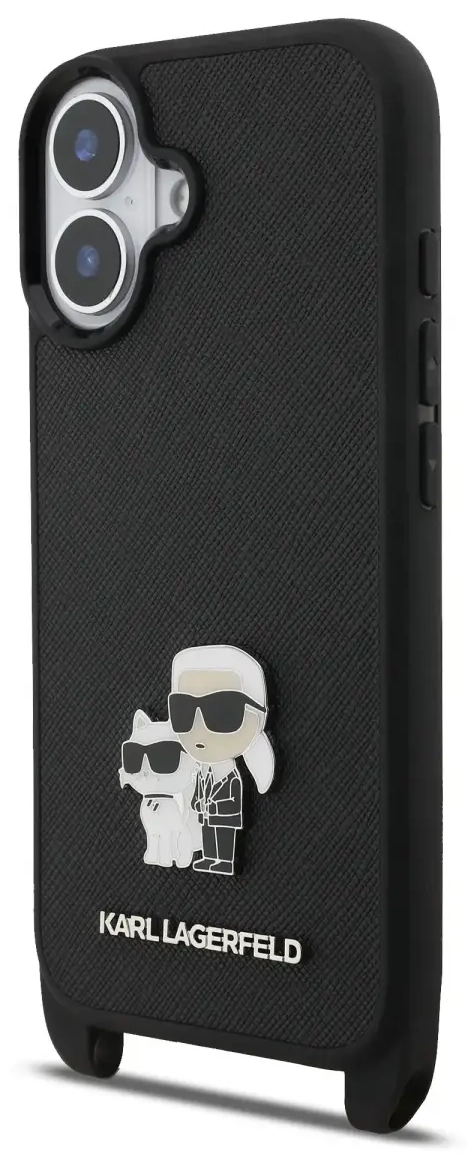 Karl Lagerfeld Saffiano Crossbody Strap Metal Karl and Choupette Case for iPhone 17 Black