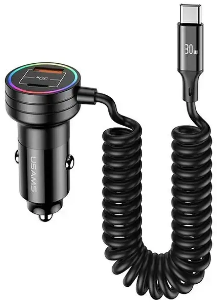 USAMS C33 CC167CC01 automašīnas lādētājs | 60W | USB-C, USB-A | ar atsperes vadu komplektā | melns