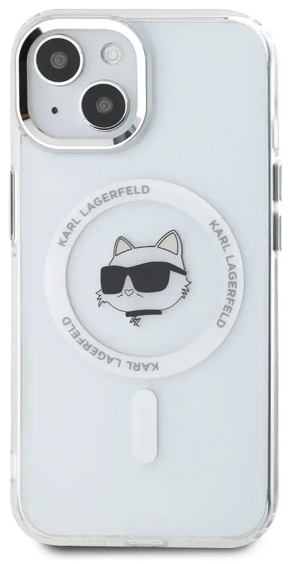 Karl Lagerfeld IML Choupette Head Metal Frame MagSafe Case for iPhone 15 Transparent