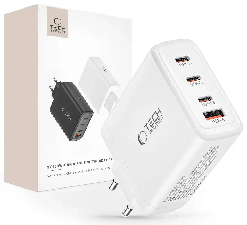 Tech-Protect NC100W travel charger | 100W | GaN, PD, QC 3.0 | USB-C, USB-A | white