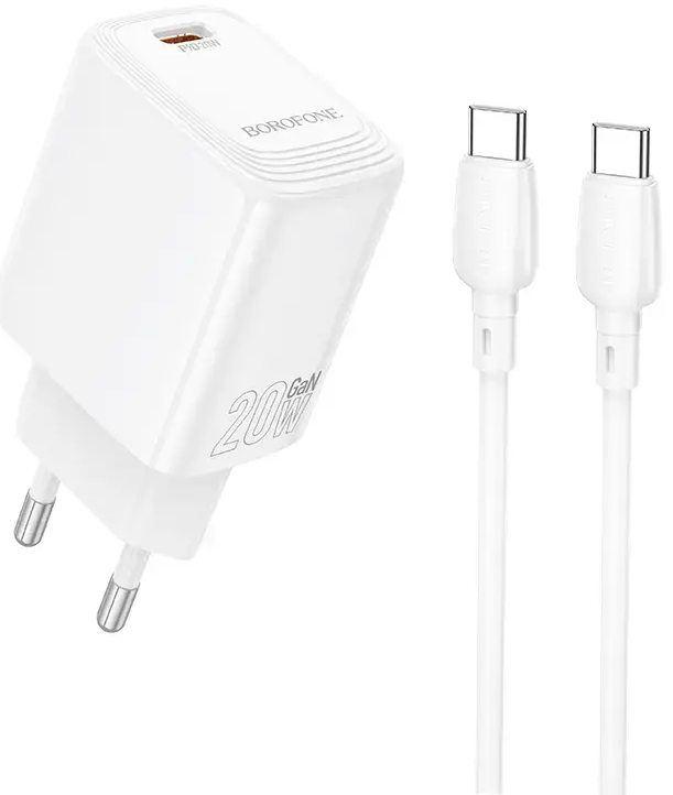 Borofone BN26 Fuente tīkla lādētājs | 20W | PD, QC, PPS | USB-C | ar USB-C uz USB-C vadu komplektā | balts