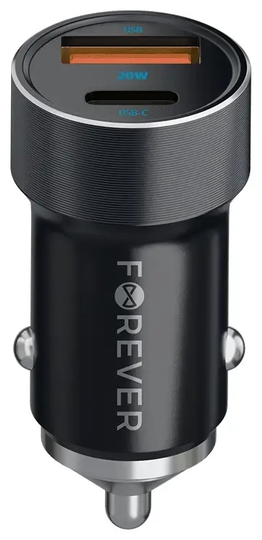 Forever CC-06 automašīnas lādētājs | 20W | PD, QC | USB-C, USB-A | ar USB-C uz USB-C vadu komplektā | melns