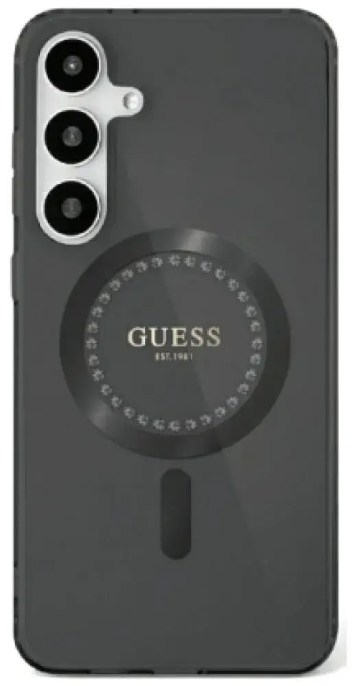 Dėklas Guess Rhinestones Printed Classic Logo MagSafe, skirtas Samsung Galaxy S25, juodas