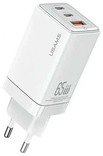 USAMS Sandru Series CC180 tīkla lādētājs | 65W | GaN, PD3.0, QC3.0 | USB-C, USB-A | balts