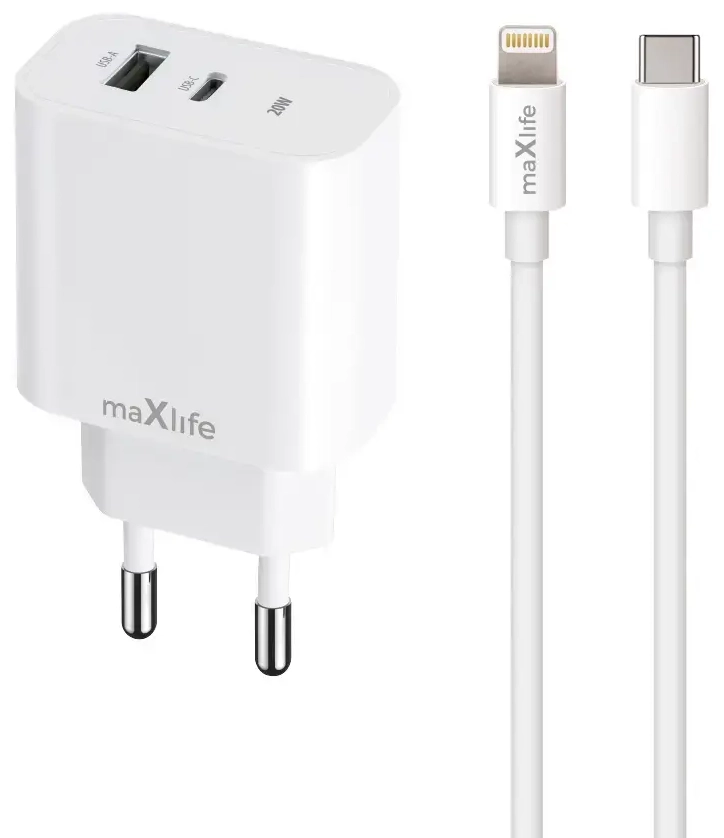Maxlife MXTC-06-20AC зарядное устройство | 20W | PD, QC | USB-C, USB-A | с проводом USB-C на Lightning в комплекте | белое
