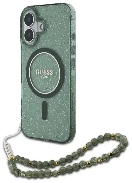 Guess GUHMP16MHGCRELSA iPhone 16 Plus 6.7" zielony|green hardcase IML Glitter With Pearl Strap MagSafe