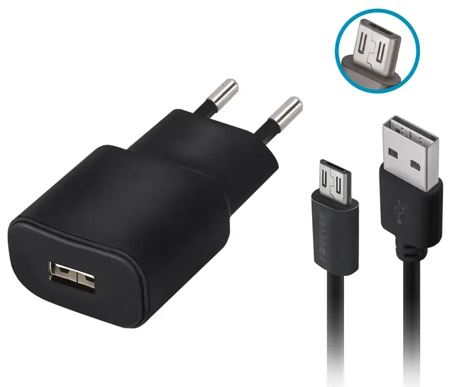 Forever TC-01 tīkla lādētājs | 10W | USB-A | Micro USB vads komplektā | melns