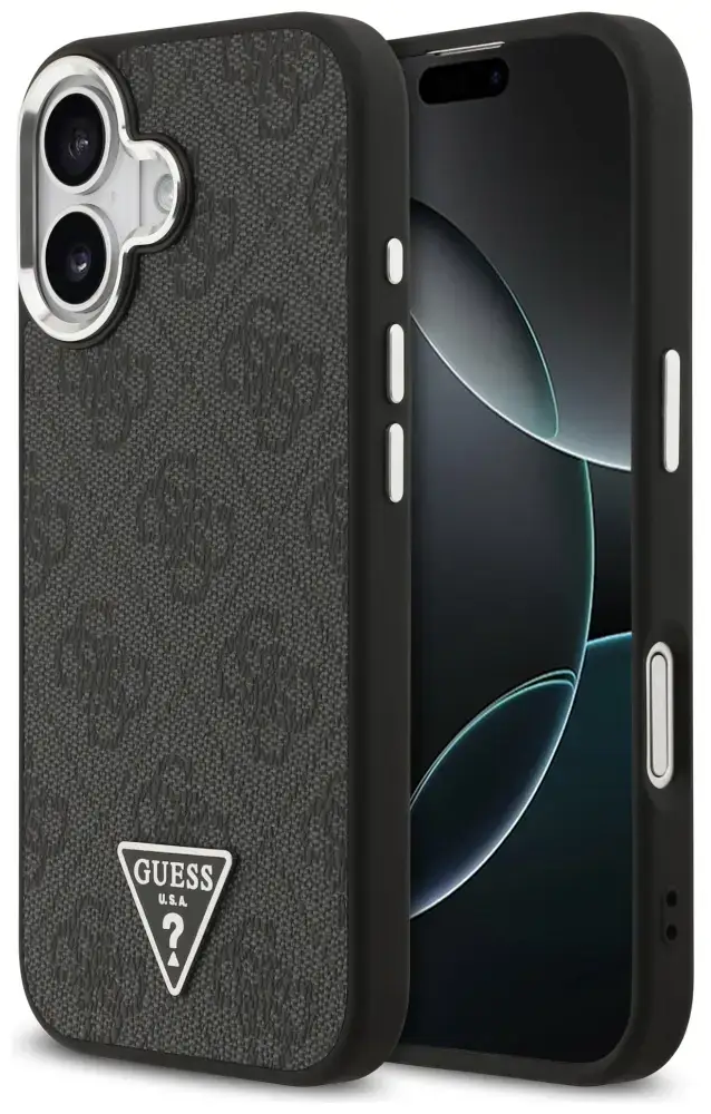 Guess 4G PU Leather Case With Triangle Logo And Silver Metal Camera Frame чехол с поддержкой MagSafe для телефона iPhone 17 чёрный