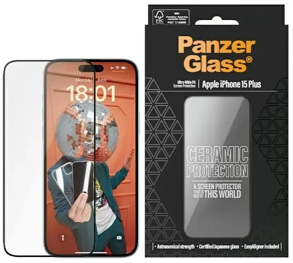 PanzerGlass Ceramic protection tempered glass for phone iPhone 15 Plus 6.7" Ultra-Wide-Fit Screen Protection Easy Aligner Included 2839