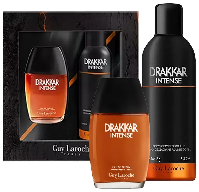 Guy Laroche rinkinys: Drakkar Noir Intense, kvepalai (EDP), vyrams, 100 ml + Drakkar Noir Intense, kūno purškiklis, 200 ml