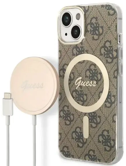 Zestaw Guess GUBPP14SH4EACSW Case+  Charger iPhone 14 | 15 | 13 6,1" brązowy|brown hard case 4G Print MagSafe