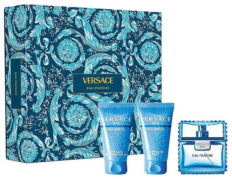 Versace rinkinys: Eau Fraiche, tualetinis vanduo (EDT), vyrams, 50 ml + Eau Fraiche, drėkinamasis dušo gelis, visų tipų odai, 50 ml + Eau Fraiche, raminamasis balzamas po skutimosi, 50 ml