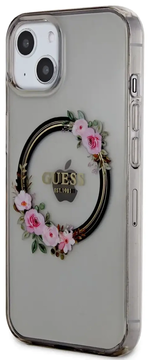 Guess PC|TPU Flowers Ring Glossy Logo MagSafe maciņš iPhone 13 melns