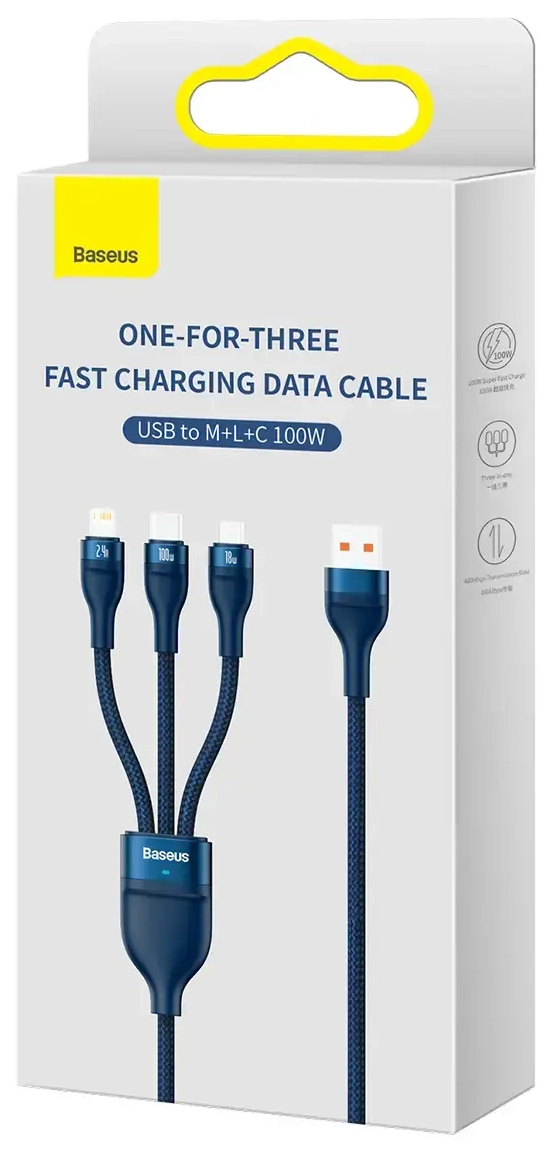 Baseus Flash Series II 3-in-1 data transfer and charging cable | USB-A to USB-C, Lightning, Micro USB | 100W | 1.2m | blue