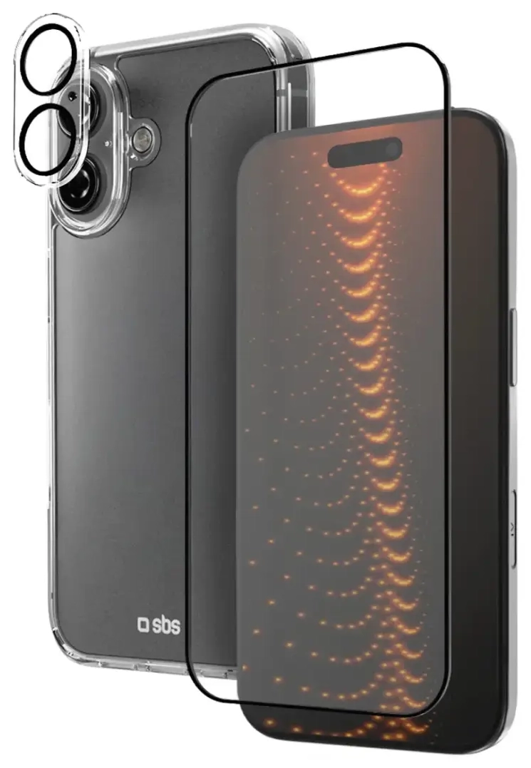 SBS set with D3O technology for iPhone 16 - case + glass screen and camera protector - transparent