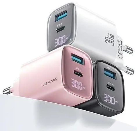 USAMS CC229 tīkla lādētājs | 30W | GaN | USB-C, USB-A | melns