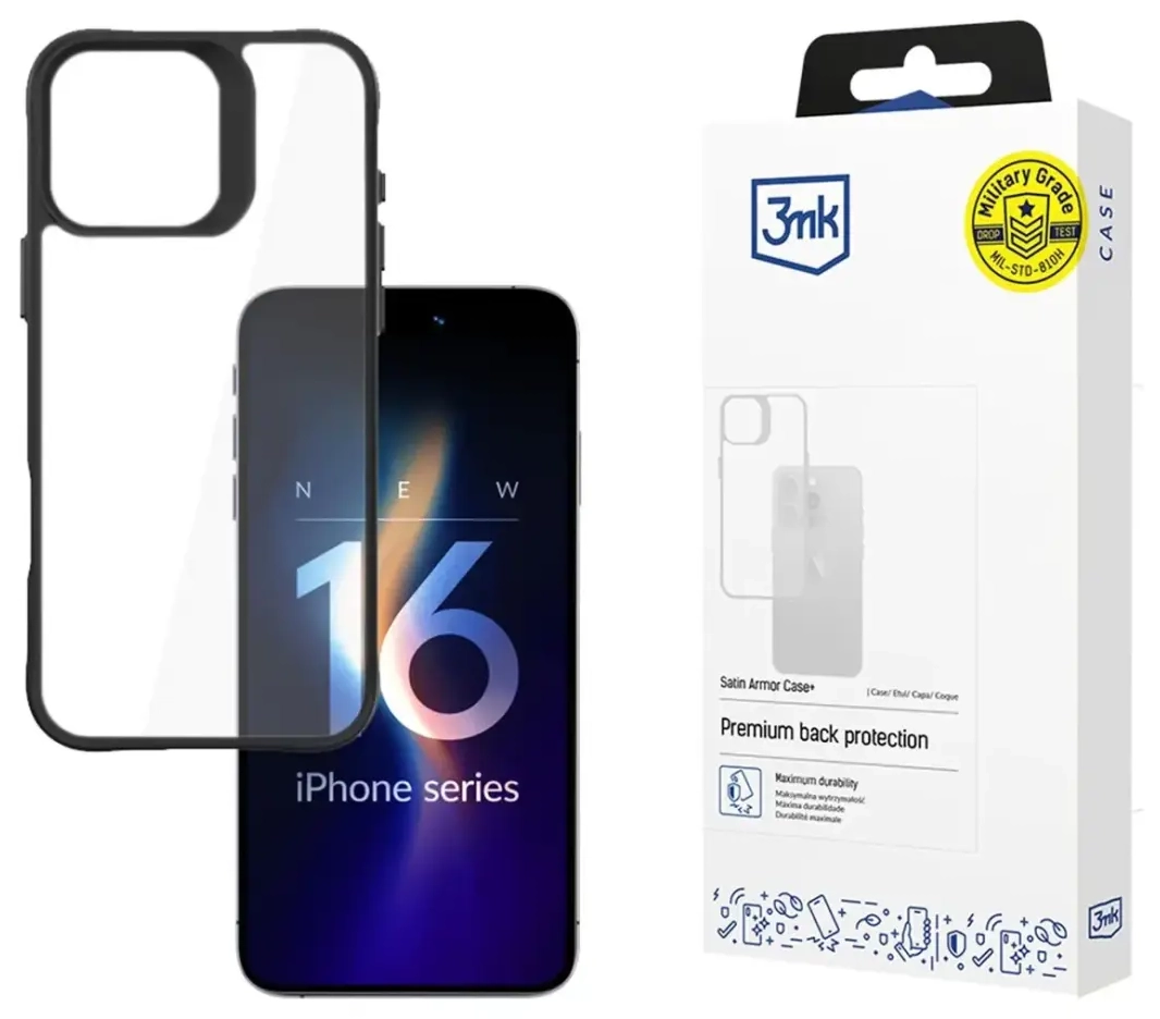 3mk Satin Armor Case+ for iPhone 16 Pro Max - Transparent with Black Frame
