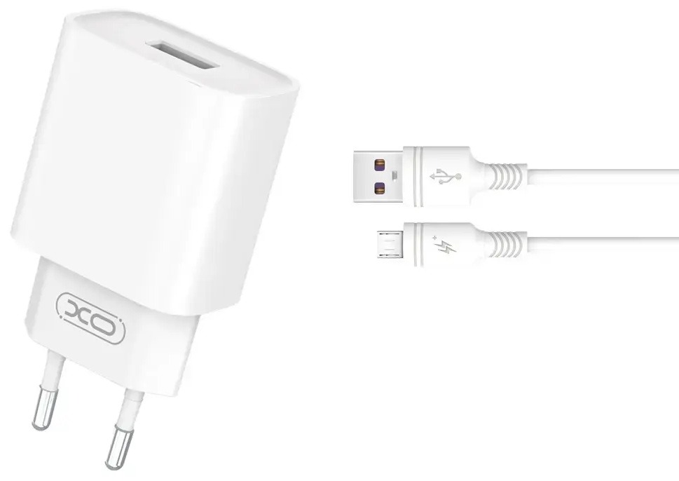 XO CE02D kelioninis įkroviklis | 18W | QC | USB-A | su Micro USB laidu komplekte | baltas
