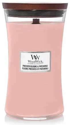 WoodWick Pressed Blooms & Patchouli kvapioji žvakė su medine dagtimi 609,5 g