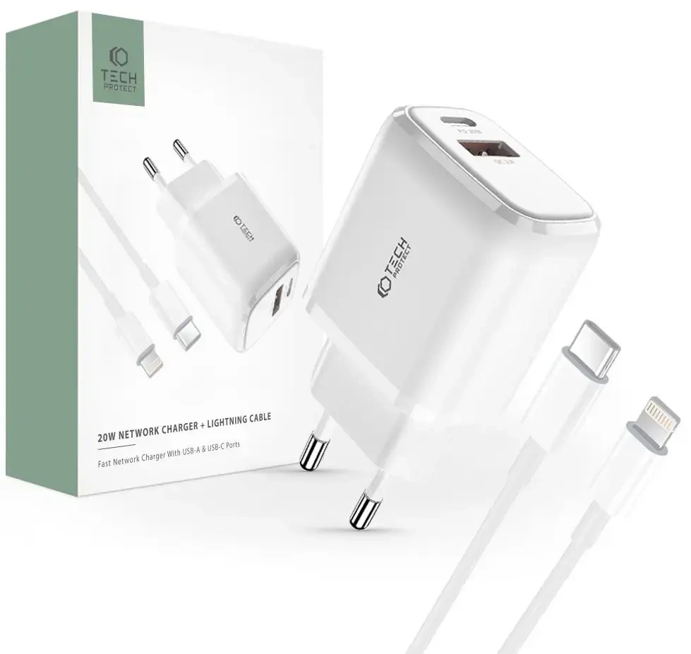 Tech-Protect C20W travel charger | 20W | PD, QC3.0 | USB-C, USB-A, Lightning | with Lightning cable included | white