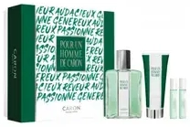 For a Man by Caron dovanų rinkinys: EDT 125 ml, dušo želė 75 ml, Le Matin EDT 5 ml miniatiūra ir Le Soir EDP 5 ml miniatiūra.