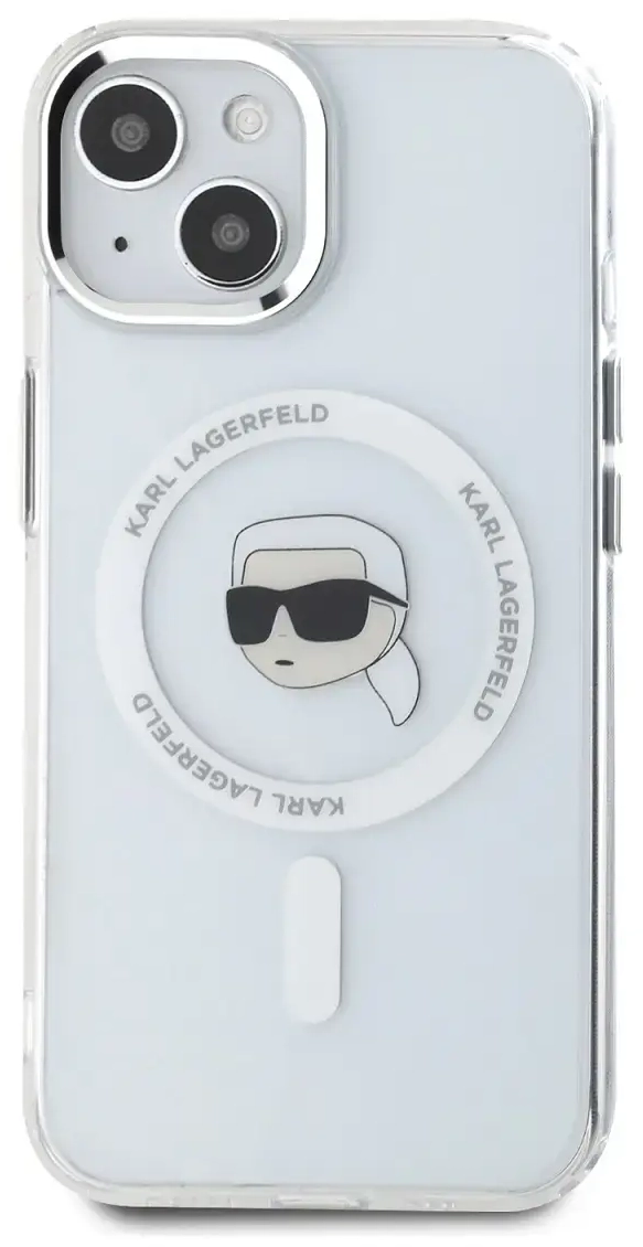Karl Lagerfeld IML Karl Head metallraamiga MagSafe ümbris iPhone 15 läbipaistev