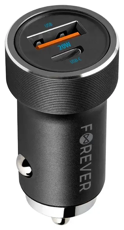 Forever CC-06 auto lādētājs | 20W | PD, QC | USB-C, USB-A | melns