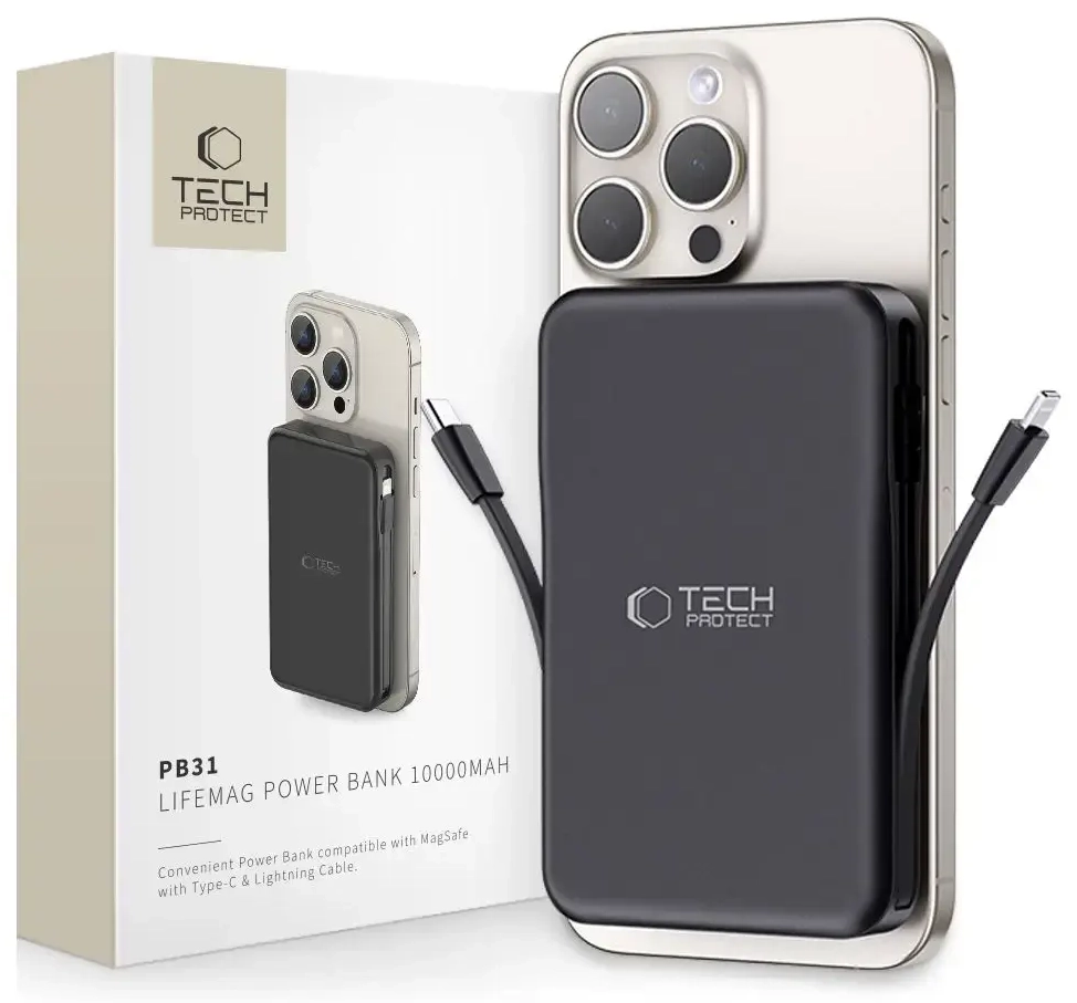 Tech-Protect LifeMag PB31 ārējais akumulators (powerbank) | 10000 mAh | 15W | USB-C, USB-A, MagSafe, Lightning | melns