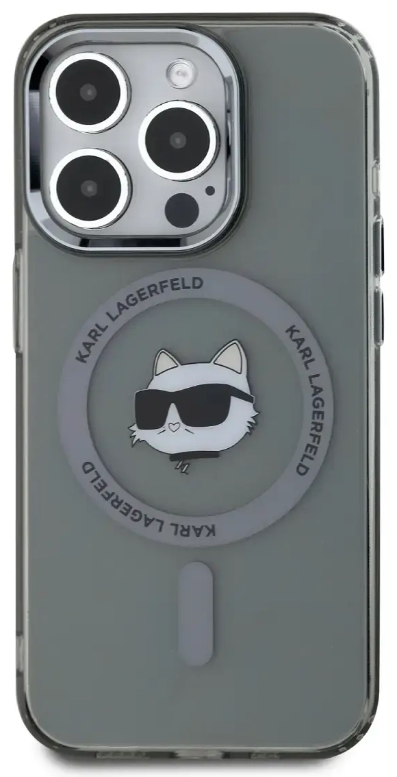 Karl Lagerfeld IML Choupette Head Metal Frame MagSafe Case for iPhone 15 Pro Max Black