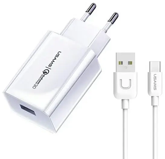 USAMS T22 tīkla lādētājs | 18W | QC | USB-A | ar USB-A uz USB-C vadu komplektā | balts