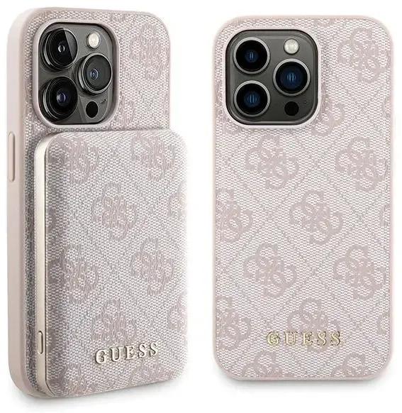 Zestaw Guess GUBPM5P15X4GEMGP iPhone 15 Pro Max 6.7" hardcase + Powerbank 5000mAh MagSafe różowy|pink 4G Metal Logo