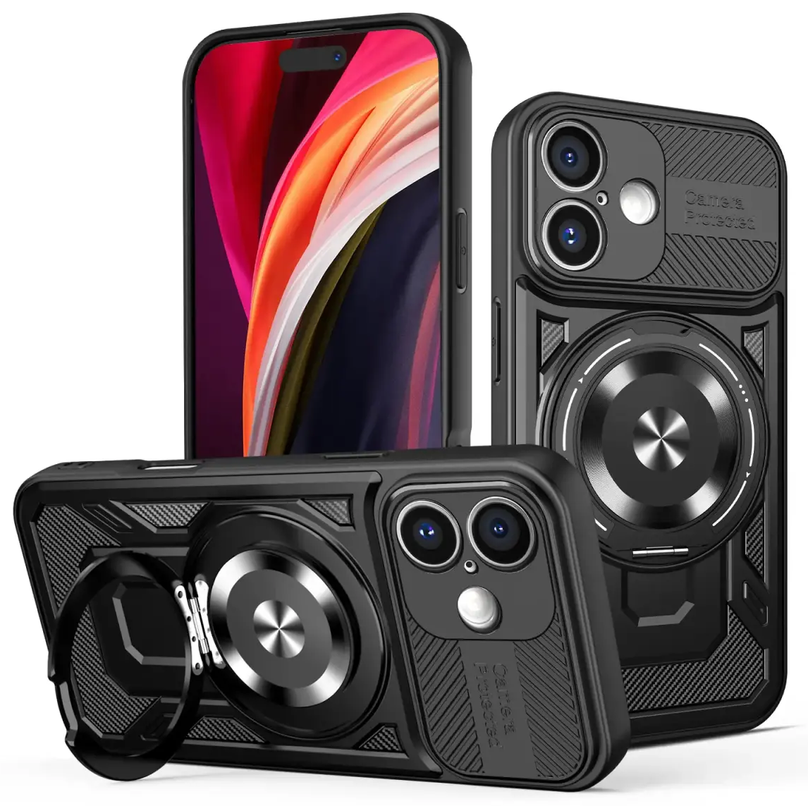 Defender Armor Mag maciņš ar statīvu un MagSafe atbalstu telefonam iPhone 16 melns (ar kameras aizsargu)