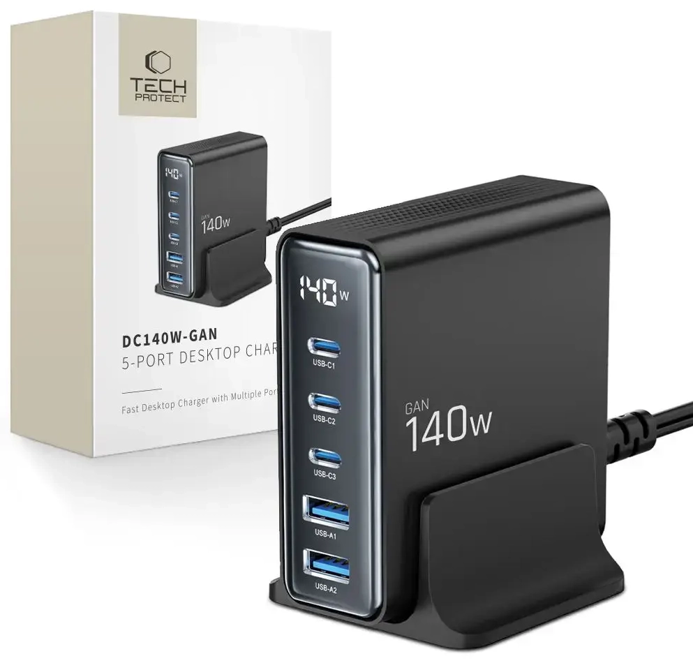 TECH-PROTECT DC140W зарядное устройство | 140W | GaN, PD140W, QC3.0 | USB-A | черное