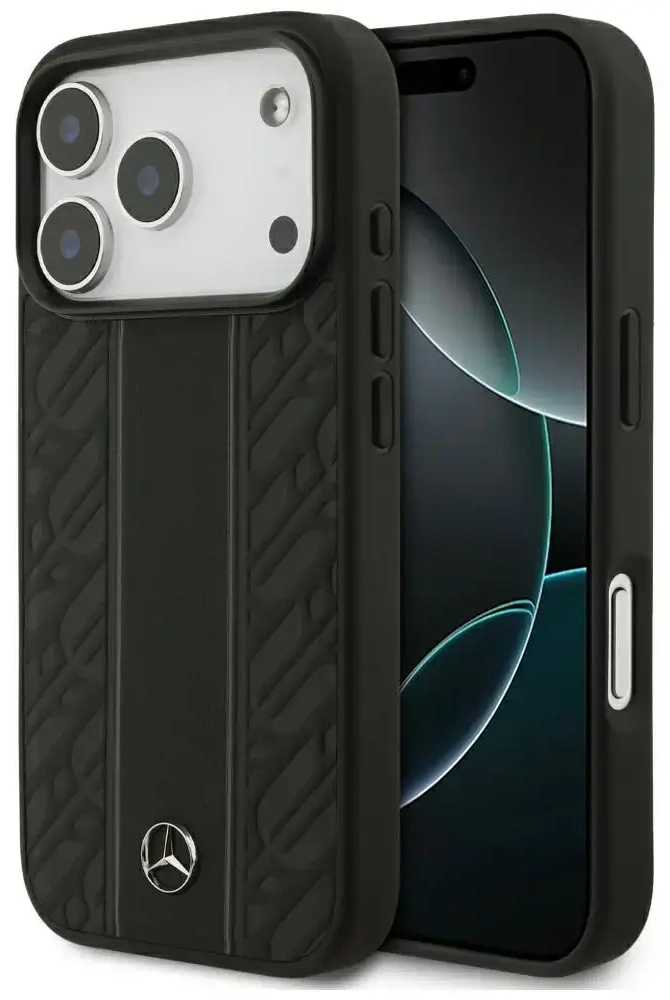 Mercedes Leather Laurel Leaves Stripes maciņš ar MagSafe atbalstu telefonam iPhone 17 Pro melns