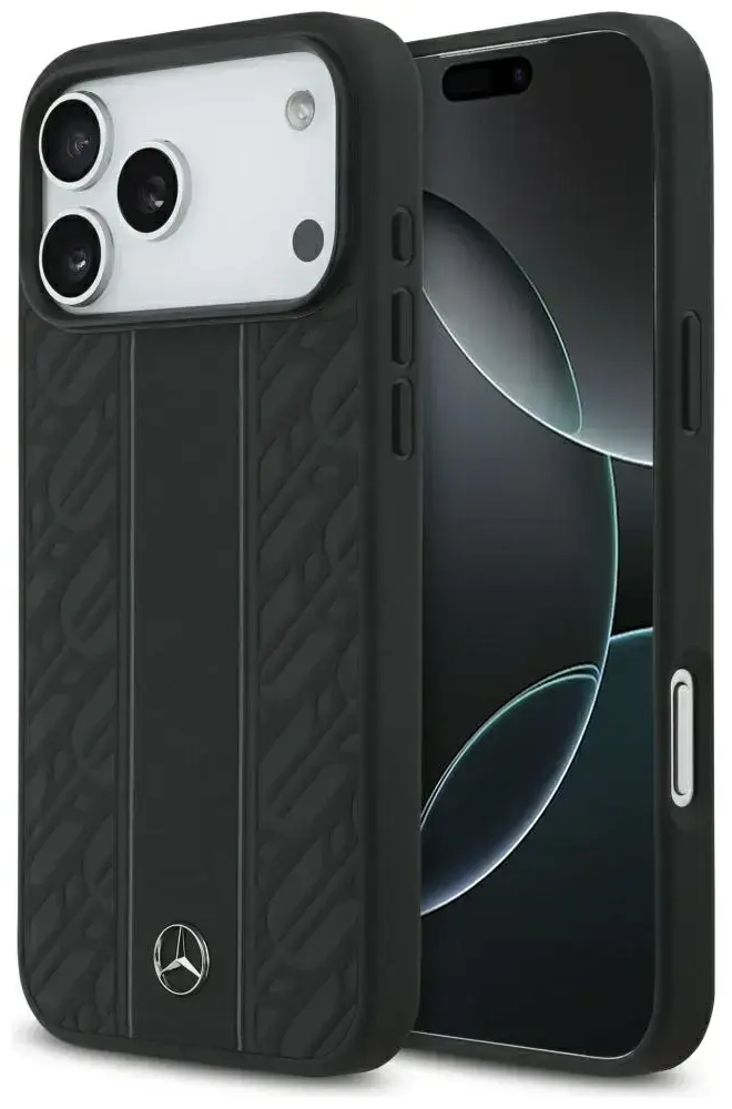 Mercedes Leather Laurel Leaves Stripes maciņš ar MagSafe atbalstu telefonam iPhone 17 Pro Max melns