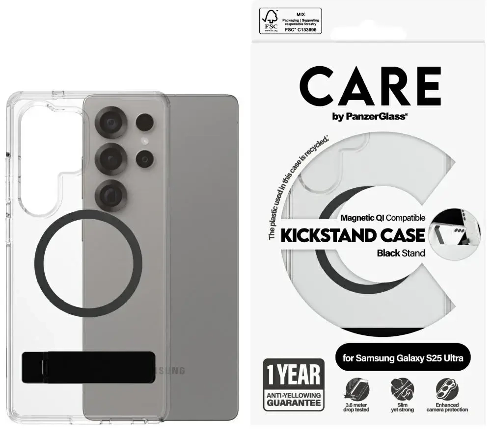Etui CARE by PanzerGlass Feature Black    Kickstand & QI do Samsung Galaxy S25 Ultra przezroczysty