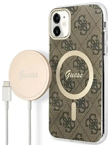 Zestaw Guess GUBPN61H4EACSW Case+Charger iPhone 11 6,1" brązowy|brown hard case 4G Print MagSafe