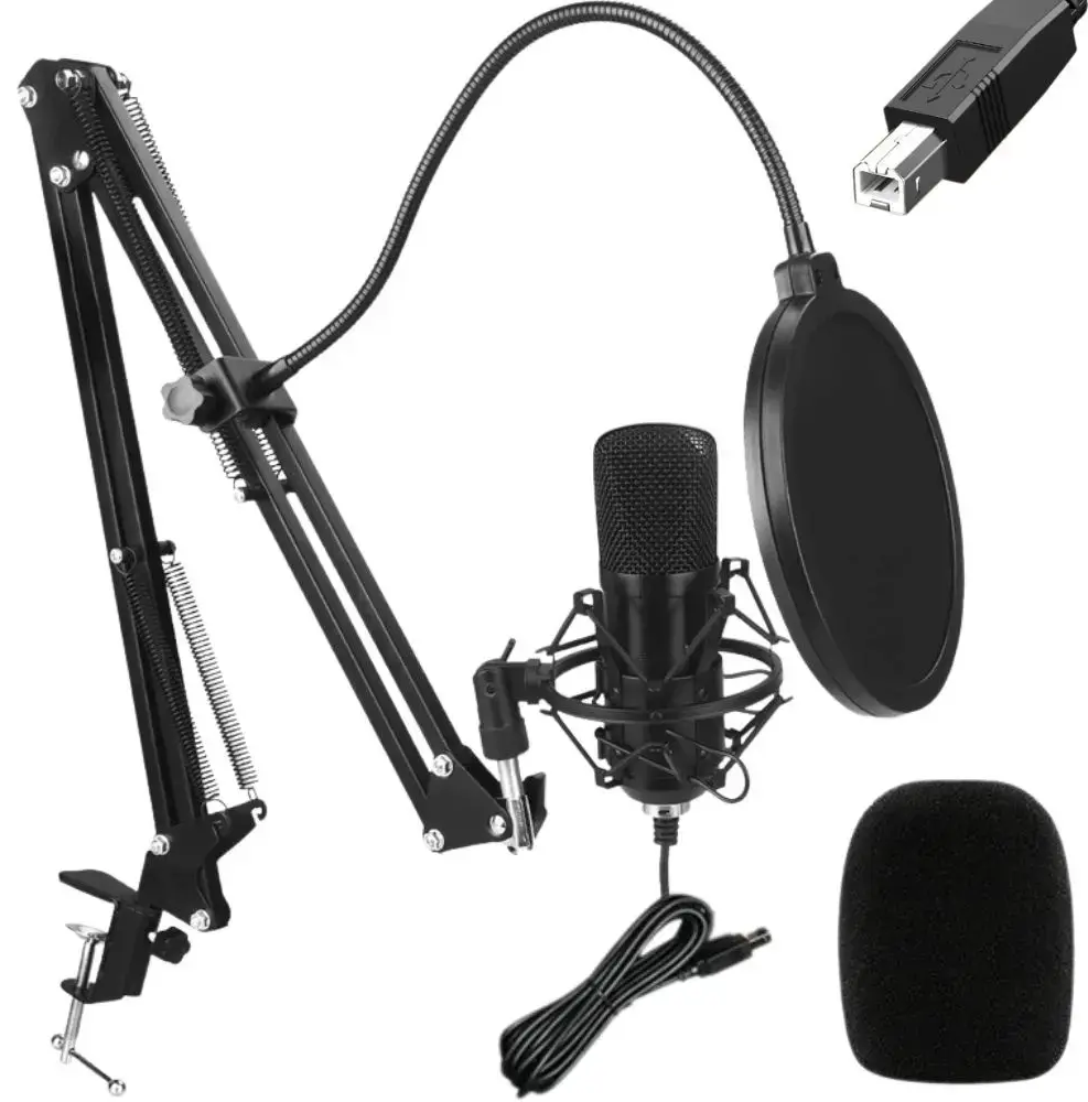 Fusion Studio USB mikrofons | Podkāsti | Straumēšana | Balss ierakstīšana + regulējams statīvs, pop filtrs | melns