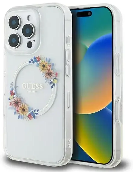 Guess GUHMP16LHFWFCT iPhone 16 Pro 6.3" przeźroczysty|transprent hardcase IML Flowers Wreath MagSafe
