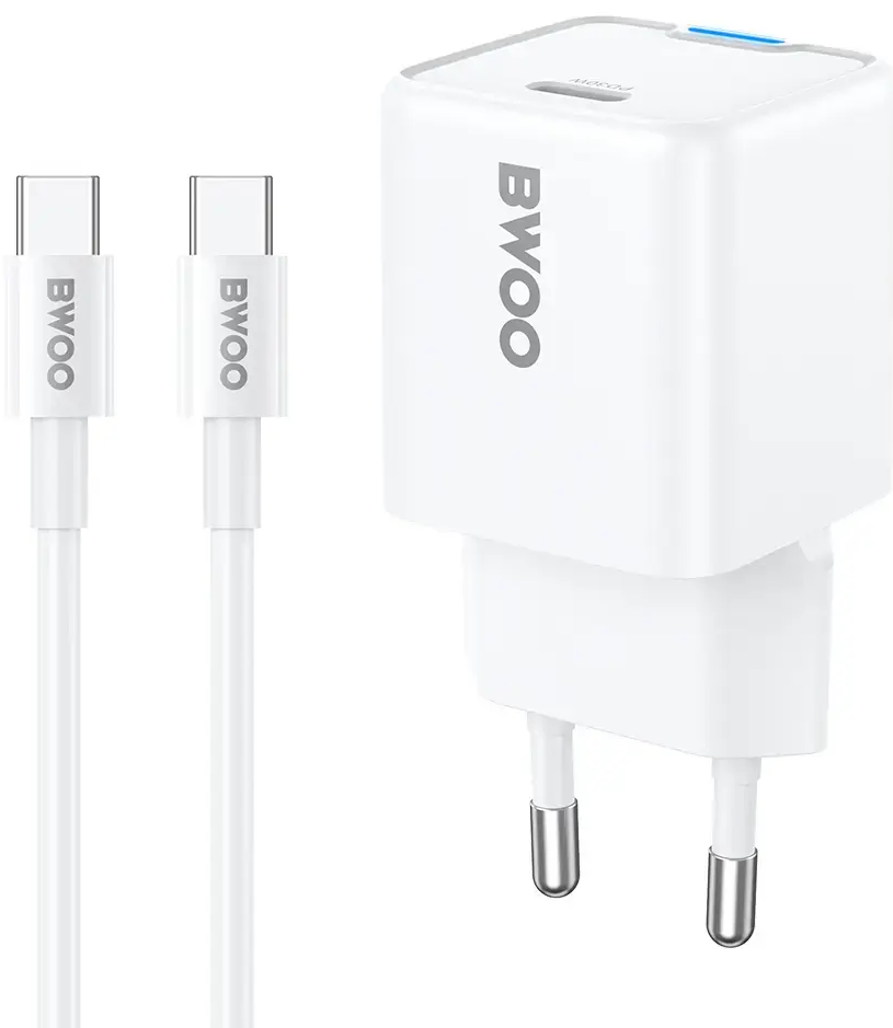 BWOO tīkla lādētājs | 30W | PD, GaN | USB-C | ar USB-C uz USB-C vadu komplektā | balts