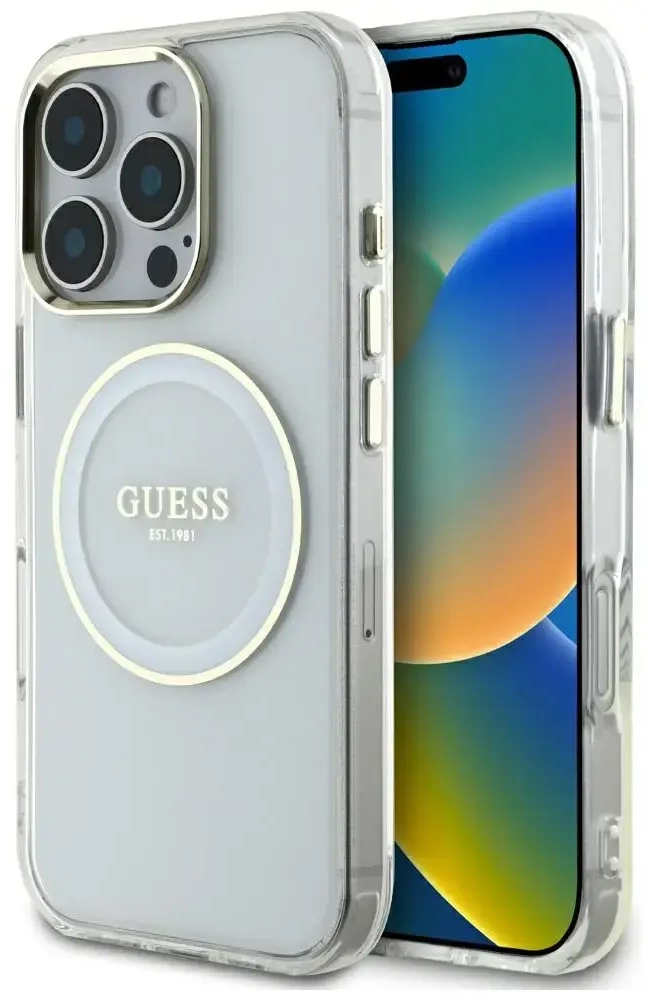 Чехол для телефона Guess IML Металлический Цветной Круг Классический Логотип MagSafe для iPhone 16 Pro Max белый