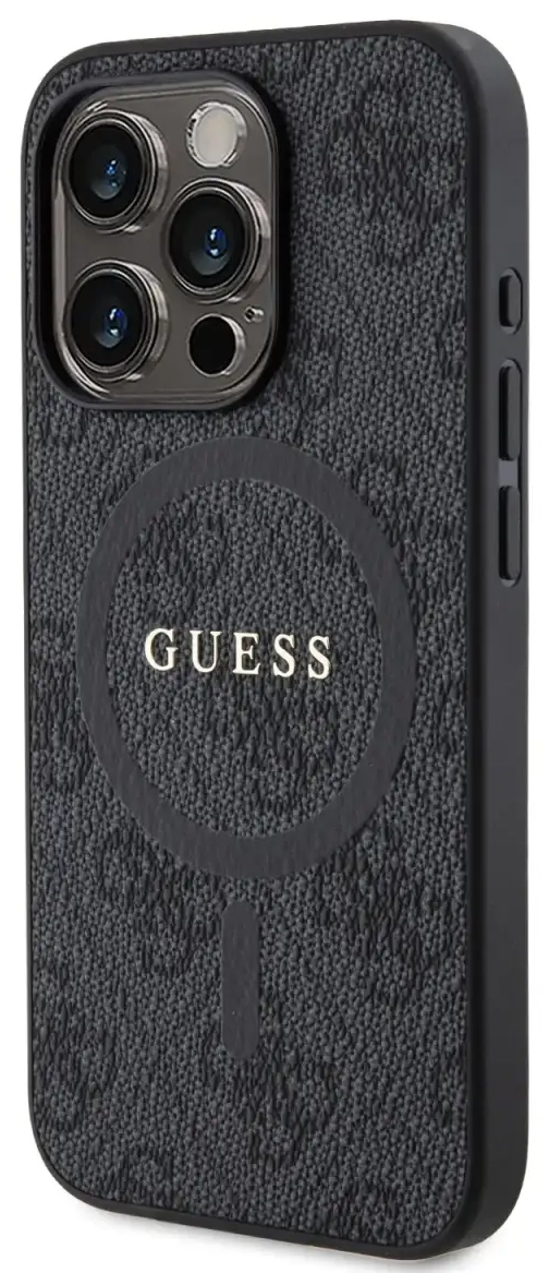 Guess PU ādas 4G krāsains MagSafe gredzena maciņš iPhone 15 Pro melns