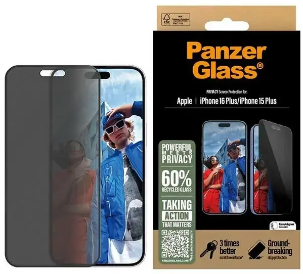 PanzerGlass Privacy Screen Protector iPhone 16 Plus 6.7" Ultra-Wide Fit P2863