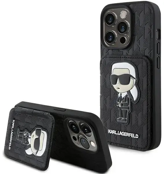 Karl Lagerfeld KLHCP15XSAKKNSCK iPhone 15 Pro Max 6.7" czarny|black hardcase Saffiano Cardslots and Stand Monogram Ikonik Patch