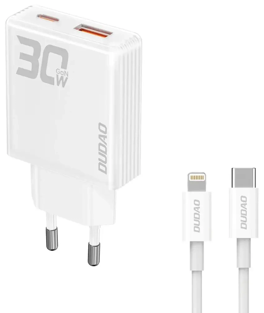 Dudao A30EUL зарядное устройство | 30W | GaN | USB-A, USB-C | с проводом USB-C на Lightning в комплекте | белое