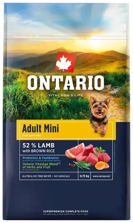 Kuivtoit koertele – Ontario Adult Mini, Lamb and Brown Rice, 0,75 kg