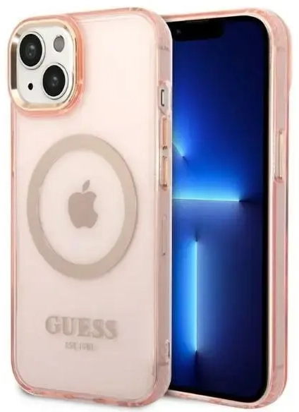 Guess GUHMP14MHTCMP iPhone 14 Plus | 15 Plus 6.7" różowy|pink hard case Gold Outline Translucent MagSafe