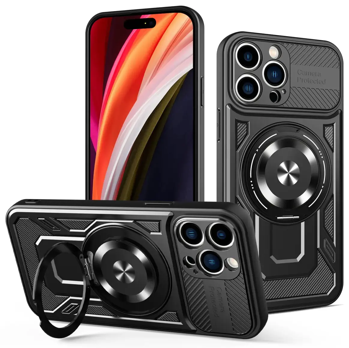 Defender Armor Mag maciņš ar statīvu un MagSafe atbalstu telefonam iPhone 14 Pro Max melns (ar kameras aizsargu)